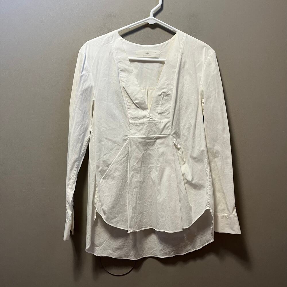 Thakoon Addition Stretch‎ Cotton Top White V-Neck 2 Long Sleeve Pleats